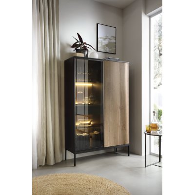 Witryna na Nóżkach z Oświetleniem Dwudrzwiowa Kaszmir Dąb Czerń