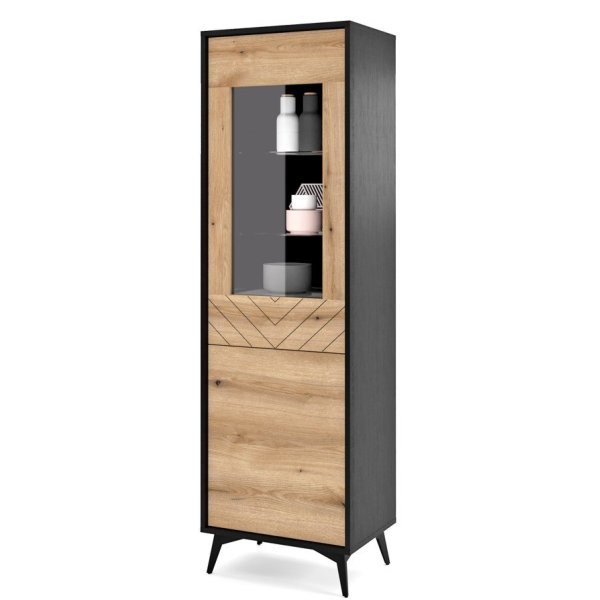 Witryna Szklana  z Półkami Jodełka Czerń Dąb Evoke